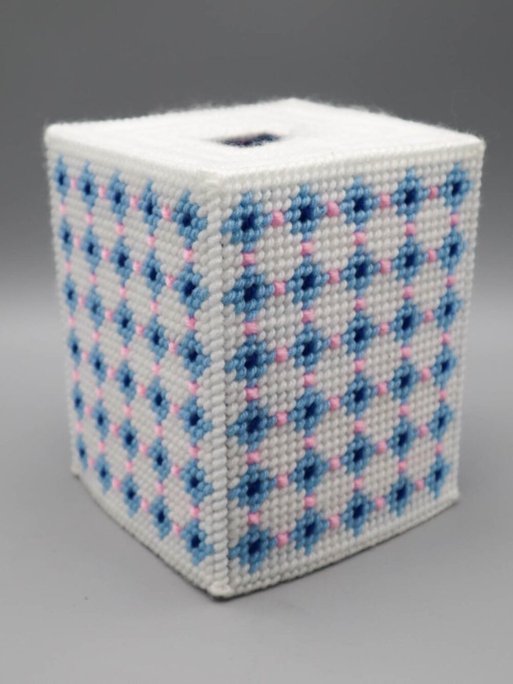 Vtg Handmade Plastic Canvas Needlepoint Tissue Box Cover Pink Blue White Retro